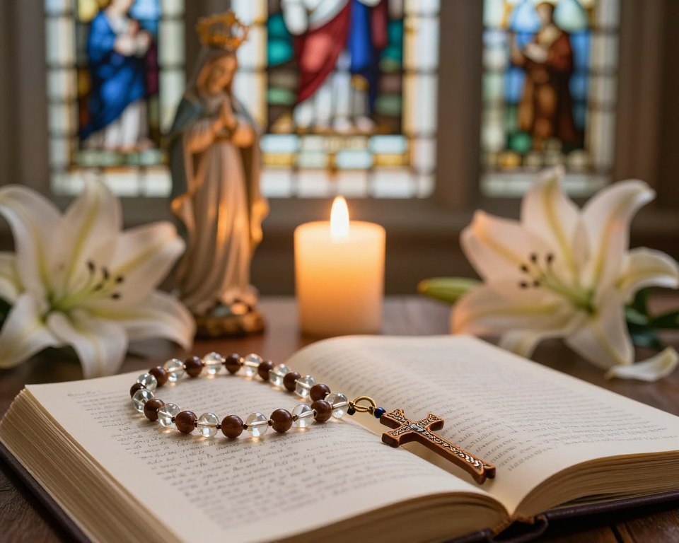A serene study scene focusing on the theme of the Glorious Mysteries of the Rosary. In the foreground, a beautifully crafted rosary made of polished wood and gleaming crystal beads, draped over an open prayer book filled with delicate, handwritten notes. In the middle ground, a softly glowing candle casts a warm light, illuminating a small statue of the Virgin Mary and petals of fresh lilies, invoking a sense of reverence. The background features a softly blurred image of stained glass windows depicting religious scenes. Warm, golden light filters through, creating a peaceful, contemplative atmosphere, ideal for reflection and prayer. The overall mood is gentle and serene, inviting viewers to engage with the subject of the Glorious Mysteries.