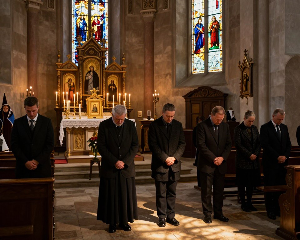 A solemn moment inside a traditional Polish church during the Gorzkie Żale service. In the foreground, a group of worshippers dressed in modest, formal attire are seen with bowed heads, reflecting deep contemplation. The middle ground captures the ornate altar adorned with candles and religious icons, bathed in soft, warm light, creating an atmosphere of reverence. In the background, stained glass windows allow gentle beams of colored light to illuminate the interior, casting intricate patterns on the stone floor. The image conveys a sense of tranquility and devotion, highlighting the significance of the ritual. The lighting is low and atmospheric, with a focus on the depth of the scene to emphasize the sacredness of the moment.