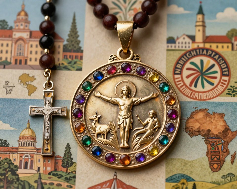 A stunning and intricately designed miraculous medal displayed against a culturally diverse backdrop. In the foreground, the medal is detailed, with shining metallic textures and vibrant gemstones reflecting light. The middle ground features various cultural symbols and artifacts that represent the significance of the medal in different traditions, such as a Catholic rosary, a Buddhist prayer bead, and an African tribal symbol. The background captures an abstract representation of various landscapes, including iconic architecture from different countries like Europe, Asia, and Africa—softly blurred to keep the focus on the medal. The lighting is warm and inviting, highlighting the medal's features and creating a sense of reverence. The mood is one of unity and spirituality, celebrating shared beliefs across cultures. A stunning and intricately designed miraculous medal displayed against a culturally diverse backdrop. In the foreground, the medal is detailed, with shining metallic textures and vibrant gemstones reflecting light. The middle ground features various cultural symbols and artifacts that represent the significance of the medal in different traditions, such as a Catholic rosary, a Buddhist prayer bead, and an African tribal symbol. The background captures an abstract representation of various landscapes, including iconic architecture from different countries like Europe, Asia, and Africa—softly blurred to keep the focus on the medal. The lighting is warm and inviting, highlighting the medal's features and creating a sense of reverence. The mood is one of unity and spirituality, celebrating shared beliefs across cultures.