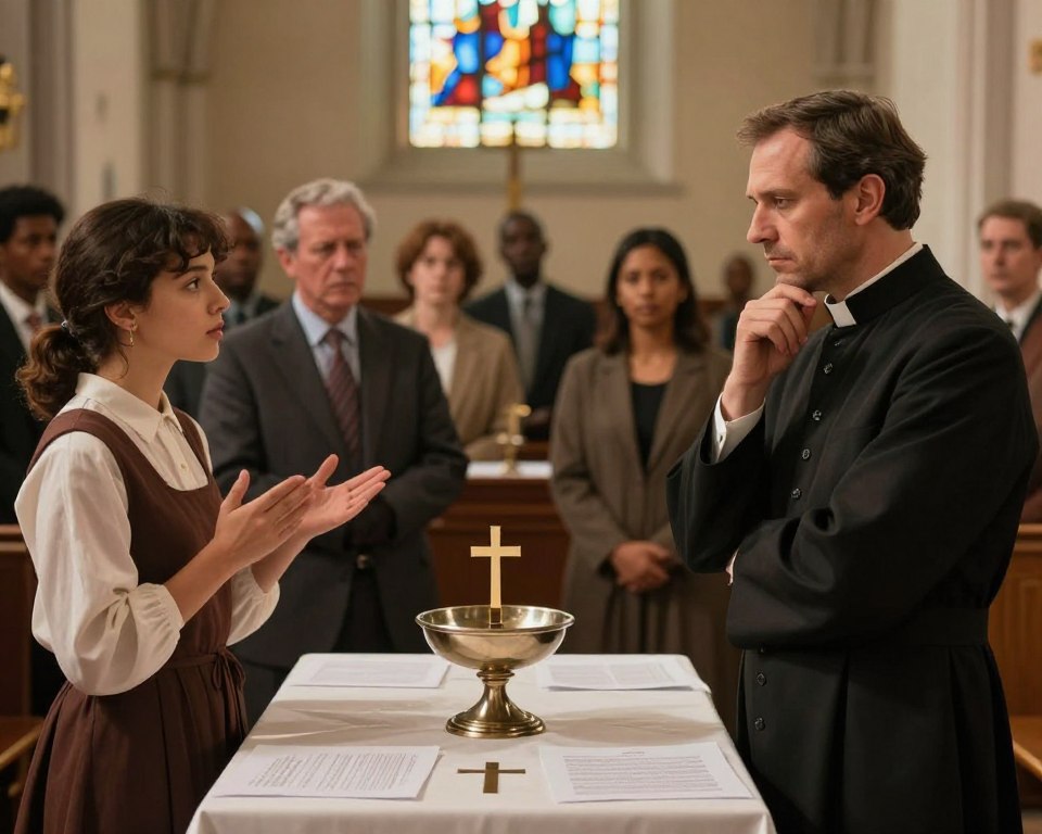 A thoughtful illustration of the controversies surrounding baptism, featuring a diverse group of people engaged in a discussion. In the foreground, a somber-looking priest in professional attire stands with arms crossed, conveying a sense of contemplation. To his left, a young woman in modest clothing passionately expresses her opinion, while a middle-aged man listens intently, conveying concern. In the middle ground, a table is adorned with religious symbols, such as a baptismal font and a cross, contrasting with papers and documents that illustrate debates on the topic. In the background, a group of people can be seen in a church setting, creating a warm, reflective atmosphere with soft lighting from stained glass windows. The composition should evoke a serious mood, exploring the complexities of faith and tradition.