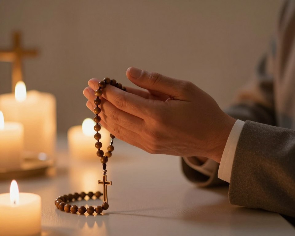 A tranquil scene depicting a close-up view of a rosary in a soft focus. The foreground features intricately detailed wooden beads of the rosary, glimmering softly in warm candlelight. In the middle, a pair of hands, dressed in modest, professional attire, gently holds the rosary, fingers poised as if in prayer. The background is filled with a serene atmosphere, showcasing softly glowing candles and faint outlines of religious symbols, evoking a sense of peace and contemplation. The lighting is warm and inviting, illuminating the hands and beads while casting gentle shadows around them. The overall mood is reflective and spiritual, inviting viewers to engage with the essence of the rosary prayer practice.