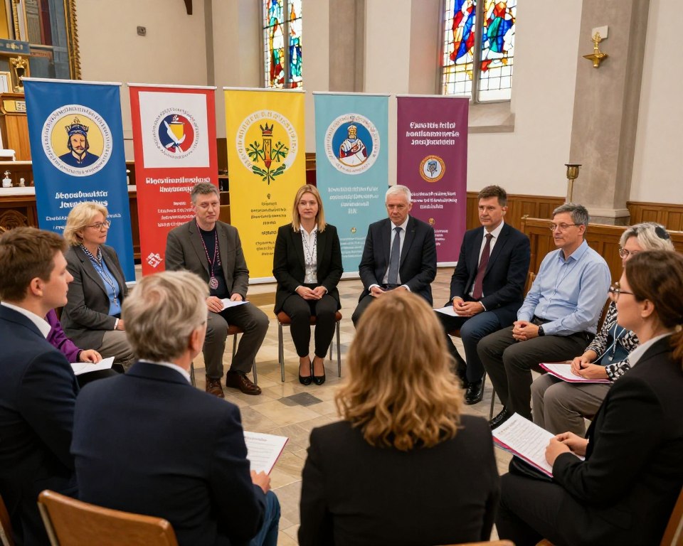 A vibrant and dynamic scene depicting a group of parish members from Janków engaged in an active community meeting. In the foreground, a diverse group of adults in professional business attire and modest casual clothing sits in a circle, attentively discussing local initiatives, with notes and a community bulletin visible. In the middle ground, colorful banners representing various parish groups hang, showcasing their commitment to community service. The background features a warmly lit church interior with stained glass windows, creating an inviting atmosphere. Soft, natural lighting filters in, emphasizing a sense of unity and collaboration among the participants, while the angle captures the group from slightly above, providing an inclusive viewpoint of the communal interaction. A vibrant and dynamic scene depicting a group of parish members from Janków engaged in an active community meeting. In the foreground, a diverse group of adults in professional business attire and modest casual clothing sits in a circle, attentively discussing local initiatives, with notes and a community bulletin visible. In the middle ground, colorful banners representing various parish groups hang, showcasing their commitment to community service. The background features a warmly lit church interior with stained glass windows, creating an inviting atmosphere. Soft, natural lighting filters in, emphasizing a sense of unity and collaboration among the participants, while the angle captures the group from slightly above, providing an inclusive viewpoint of the communal interaction.