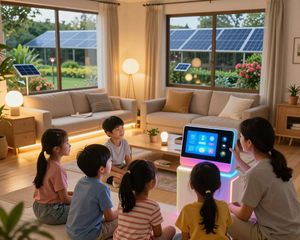 A vibrant and engaging scene depicting the role of light technology in everyday life. In the foreground, a diverse group of children and parents gather around a colorful, illuminated smart home panel displaying various light settings. In the middle ground, a cozy living room showcases modern lighting solutions—LED strips under furniture, smart bulbs casting warm glows, and solar-powered garden lights visible through large windows. The background features a bright outdoor scene where solar panels harness sunlight, surrounded by greenery and flowers. The atmosphere is warm and inviting, with soft, diffused lighting creating a sense of harmony and innovation. The image captures the joy and creativity that light technology brings to family life, emphasizing connection and modernity.