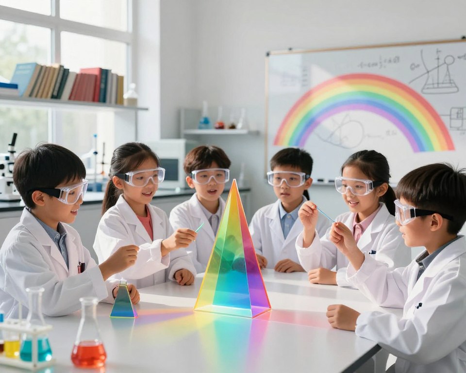 A vibrant and engaging scene illustrating the concept of light in scientific research. In the foreground, a diverse group of children, wearing lab coats and safety goggles, are experimenting with prisms and light beams, their expressions filled with curiosity and excitement. In the middle ground, a large transparent prism refracts light into a spectrum of colors, casting beautiful rainbows on a nearby whiteboard filled with scientific diagrams. The background features a bright, modern laboratory, with shelves of books and scientific equipment, bathed in natural light filtering through large windows. The atmosphere is inspirational and vibrant, conveying a sense of discovery and wonder about the mysteries of light in science. The lighting is bright and cheerful, enhancing the playful yet educational vibe of the scene.