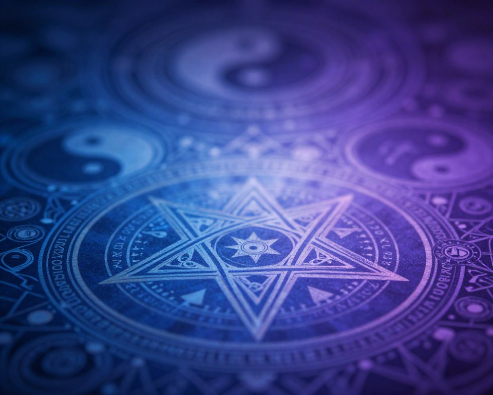 A vibrant and intricate representation of a five-pointed star (pentagram) in an artistic style blending elements of mysticism and symbolism. In the foreground, the pentagram is displayed prominently, with intricate designs surrounding it that reflect various cultural interpretations. In the middle ground, subtle hints of contrasting symbols such as Yin Yang and other artistic motifs merge into the background, creating a harmonious blend. The background features soft, swirling patterns of deep blues and purples, illuminated by a gentle, ethereal light that casts a serene glow over the scene. The overall mood is contemplative and mystical, inviting the viewer to explore the symbolic meanings within the art. The scene should be captured with a focus lens to emphasize the details, ensuring clarity without distractions.