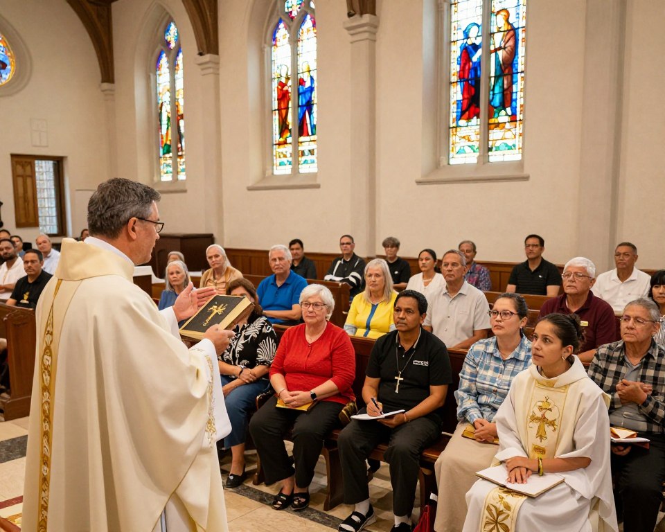 A vibrant church interior during a catechetical session in a parish, focusing on a diverse group of adults and children engaged in learning about the Eucharist. In the foreground, a charismatic priest in professional attire is passionately explaining the principles of communion, holding a Bible. The middle ground features attentive parishioners, including a mix of genders and ages, some taking notes. The background showcases stained glass windows casting colorful light across the scene, enhancing the spiritual atmosphere. Soft, warm lighting creates an inviting ambiance. The scene captures a sense of community, reverence, and shared learning, with a wide-angle perspective to emphasize the gathering and sacred space.