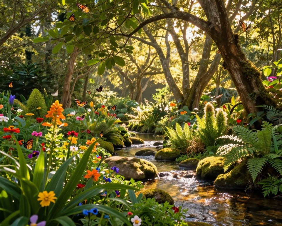 A vibrant ecosystem illuminated by sunlight filtering through a dense canopy of leaves. In the foreground, lush green plants and colorful flowers bloom, creating a lively scene filled with life. Butterflies and small birds flit about, basking in the warm golden light. The middle ground features a small, clear stream reflecting the sunlight, surrounded by moss-covered stones and delicate ferns. In the background, towering trees stretch high, their branches entwined, casting intricate shadows on the forest floor, creating a sense of depth. The atmosphere is tranquil yet lively, evoking a sense of wonder about the interconnectedness of nature and light. The lighting is soft, with a warm color palette that enhances the peaceful vibe of the ecosystem.