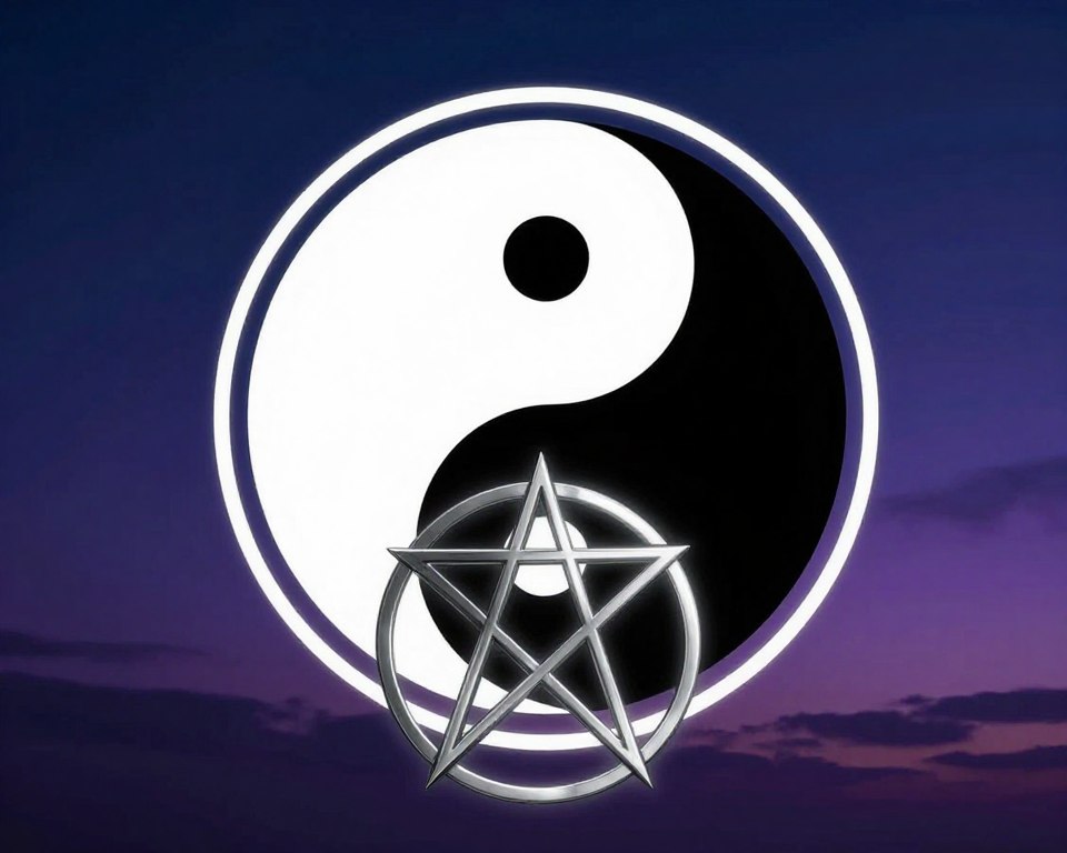 A visually striking composition featuring a pentagram and a Yin Yang symbol juxtaposed against each other. In the foreground, the pentagram is intricately detailed in silver against a dark background, glowing softly to highlight its mystical allure. In the middle ground, the Yin Yang symbol is illustrated in vibrant black and white, elegantly intertwined with the pentagram, symbolizing balance and duality. The background is a gradient of deep blue and purple, reminiscent of a twilight sky, enhancing the mystical atmosphere. Soft, ambient lighting casts gentle shadows, creating a serene yet thought-provoking mood. The overall composition seamlessly blends these two powerful symbols, inviting contemplation on their meanings in spirituality and philosophy.