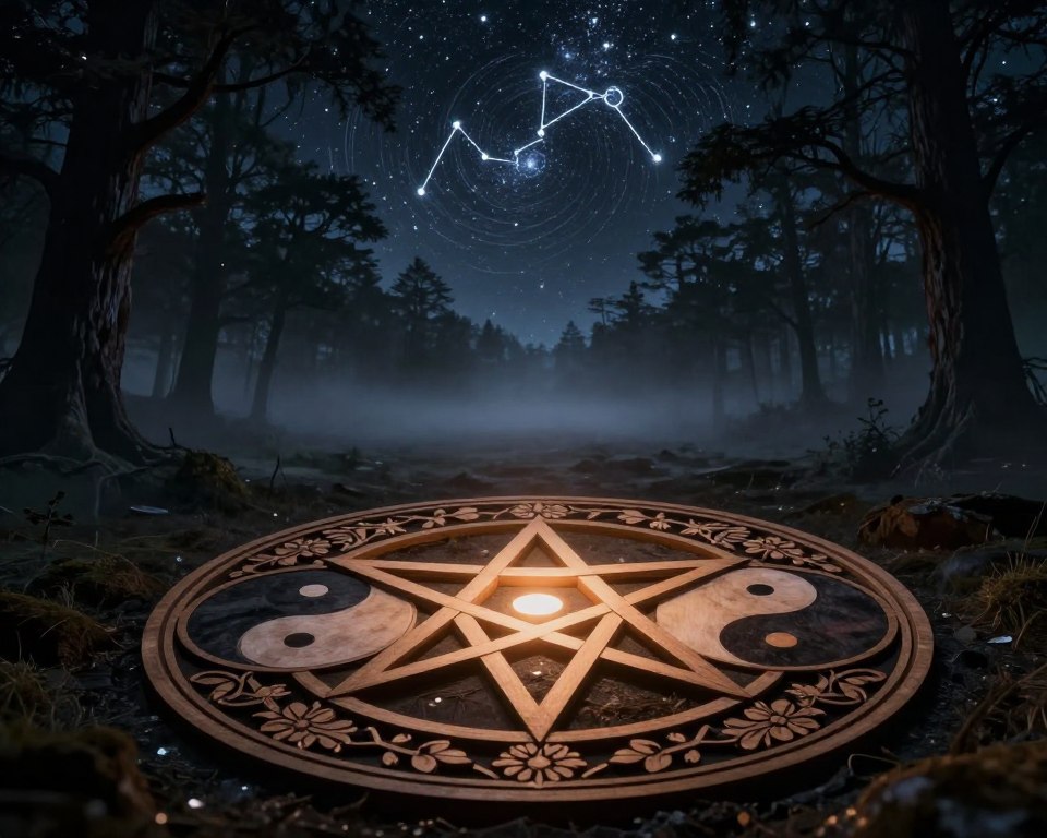 A visually striking interpretation of personal symbols associated with darkness and duality. In the foreground, a handcrafted wooden pentagram glows subtly, each point radiating a faint light. Surrounding it are motifs of Yin Yang, intertwined with intricate floral designs, symbolizing balance and harmony amidst chaos. The middle ground features a misty, shadowy landscape suggesting an ethereal forest, with faint silhouettes of ancient trees stretching upwards. The background holds a starry night sky, with constellations slowly swirling, casting a mystical atmosphere. The scene is illuminated by soft, warm lighting that contrasts with the cool tones of the night. The overall mood is contemplative, evoking a sense of introspection about symbolism and personal interpretation. The camera angle is slightly elevated, providing a panoramic view that emphasizes both the depth and interplay of light and shadow in the composition.