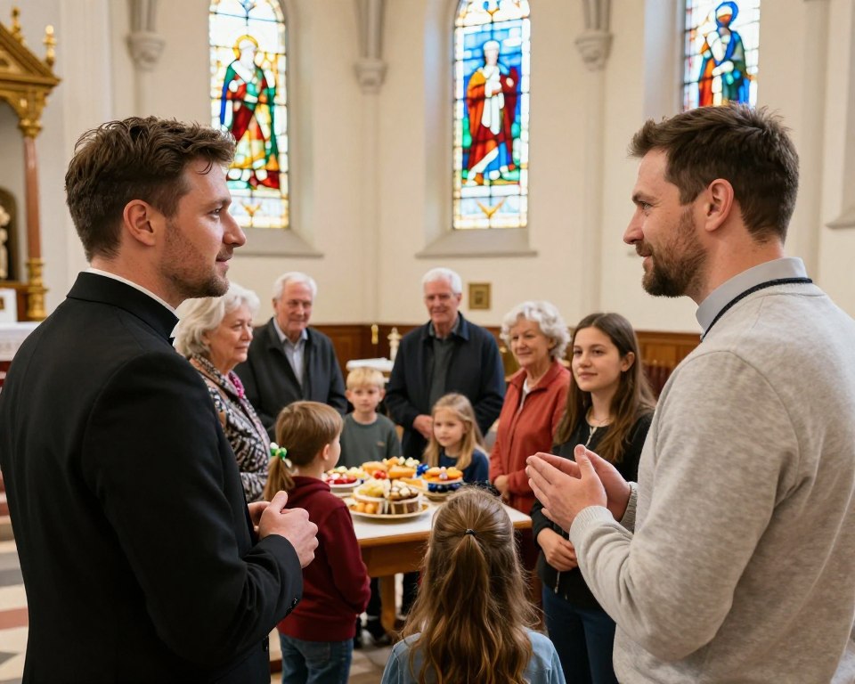 A warm and inviting parish scene depicting duszpasterze (pastors) engaging with their community. In the foreground, two male pastors, one in a black clerical shirt and the other in a light gray sweater, converse with a young family, showcasing friendly interaction. In the middle ground, a small group of parishioners, including elderly individuals and children, are gathered around a table filled with refreshments, symbolizing community spirit. The background features a quaint, well-lit church interior with stained glass windows casting colorful reflections on the walls. Soft, natural lighting enhances a cozy and welcoming atmosphere. The camera angle captures the scene from a slight elevation, providing an engaging view of fellowship and connection within the parish community.