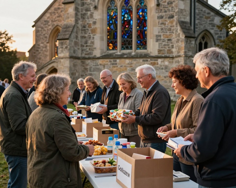 A warm, inviting scene depicting a charitable event organized by the Goliszew Parish. In the foreground, a diverse group of community members, dressed in modest casual clothing, are gathered around a large table filled with food donations and warm meals for those in need. In the middle, volunteers are handing out packaged supplies and engaging with smiling recipients. Background elements include a charming, old stone church with stained glass windows, adorned with soft lighting from a late afternoon sun, casting a golden hue. The atmosphere is filled with a sense of camaraderie, compassion, and hope, emphasizing the spirit of community support and charity. The image is framed to capture both the joyous interactions and the serene beauty of the church. A warm, inviting scene depicting a charitable event organized by the Goliszew Parish. In the foreground, a diverse group of community members, dressed in modest casual clothing, are gathered around a large table filled with food donations and warm meals for those in need. In the middle, volunteers are handing out packaged supplies and engaging with smiling recipients. Background elements include a charming, old stone church with stained glass windows, adorned with soft lighting from a late afternoon sun, casting a golden hue. The atmosphere is filled with a sense of camaraderie, compassion, and hope, emphasizing the spirit of community support and charity. The image is framed to capture both the joyous interactions and the serene beauty of the church.