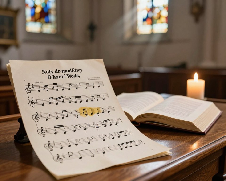 An artistic representation of sheet music titled "Nuty do modlitwy O Krwi i Wodo," elegantly displayed in the foreground. The music notes are intricately designed, with some notes highlighted in soft gold, creating a serene and respectful tone. In the middle, an open prayer book rests gently on a polished wooden table, with a single white candle glowing, casting a warm, soft light across the scene. The background features a tranquil church interior, softly blurred to focus on the foreground elements. The overall mood is peaceful and reverent, evoking a sense of spirituality and contemplation, with gentle rays of natural light streaming through stained glass windows, illuminating the music. An artistic representation of sheet music titled "Nuty do modlitwy O Krwi i Wodo," elegantly displayed in the foreground. The music notes are intricately designed, with some notes highlighted in soft gold, creating a serene and respectful tone. In the middle, an open prayer book rests gently on a polished wooden table, with a single white candle glowing, casting a warm, soft light across the scene. The background features a tranquil church interior, softly blurred to focus on the foreground elements. The overall mood is peaceful and reverent, evoking a sense of spirituality and contemplation, with gentle rays of natural light streaming through stained glass windows, illuminating the music.