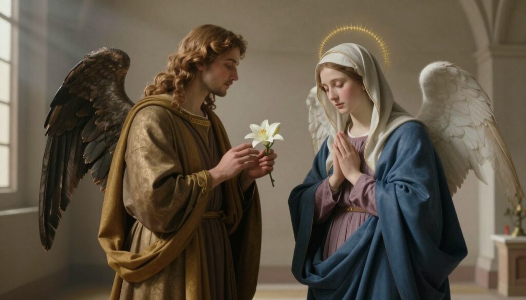 Archanioł Gabriel zwiastuje Maryi, że zostanie Matką Syna Bożego - pierwsza tajemnica radosna
