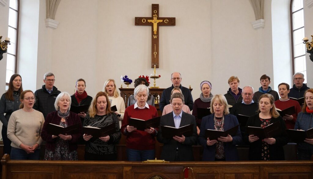 Chór kościelny wykonujący pieśń O Krwi i Wodo podczas nabożeństwa do Miłosierdzia Bożego Chór kościelny wykonujący pieśń O Krwi i Wodo podczas nabożeństwa do Miłosierdzia Bożego