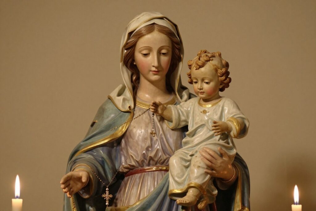 Figurka Matki Bożej z Dzieciątkiem Jezus symbolizująca tajemnice radosne różańca