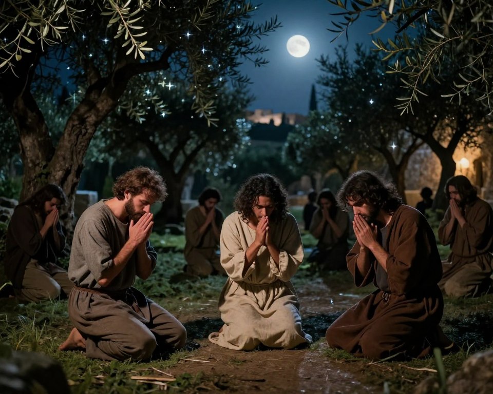 In a serene and dimly lit Gethsemane garden, a group of disciples gathers in prayer, reflecting sorrow and devotion. The foreground features three figures in modest, casual clothing, kneeling and with hands clasped, deep in meditation, their expressions conveying a sense of urgency and concern. In the middle ground, the ancient olive trees create a natural backdrop, their gnarled branches reaching towards the night sky, adorned with shimmering stars. The soft, ambient moonlight bathes the scene, casting gentle shadows and illuminating the disciples' faces. In the background, the distant silhouette of Jerusalem is faintly visible, enhancing the atmosphere of solitude and reflection in this sacred moment. The overall mood is one of reverence and contemplation, inviting viewers to connect with the essence of prayer in the garden.