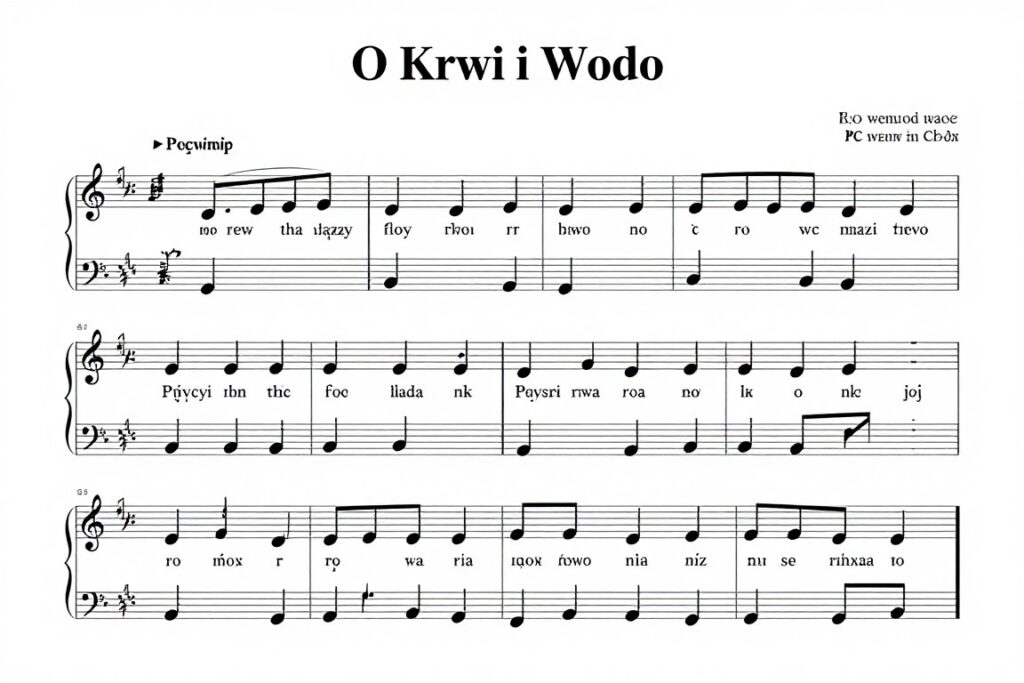 Nuty do pieśni O Krwi i Wodo z tekstem modlitwy pod zapisem nutowym Nuty do pieśni O Krwi i Wodo z tekstem modlitwy pod zapisem nutowym
