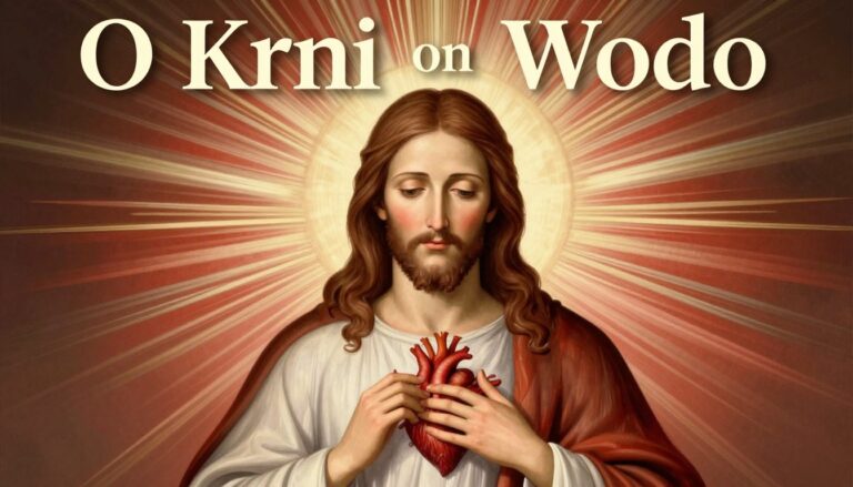 Obraz Jezusa Miłosiernego z promieniami krwi i wody wypływającymi z Jego serca, nad którym widnieje tekst modlitwy O Krwi i Wodo