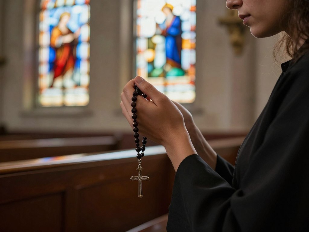 Osoba modląca się na różańcu, rozważająca tajemnice radosne w ciszy kościoła