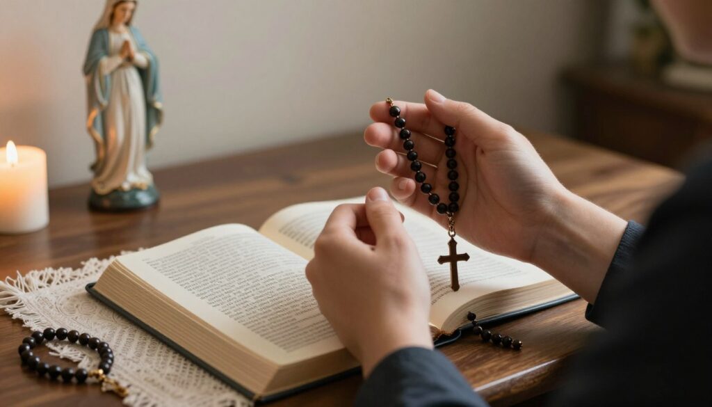 Osoba modląca się na różańcu, skupiona na tajemnicach radosnych