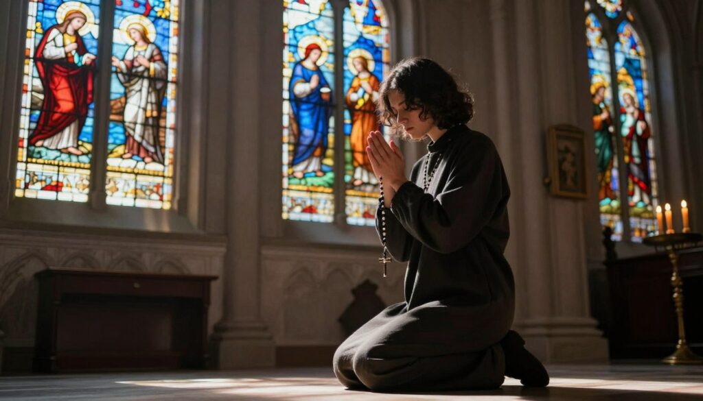 Osoba modląca się na różańcu w kościele, rozważająca tajemnice radosne w świetle witraży