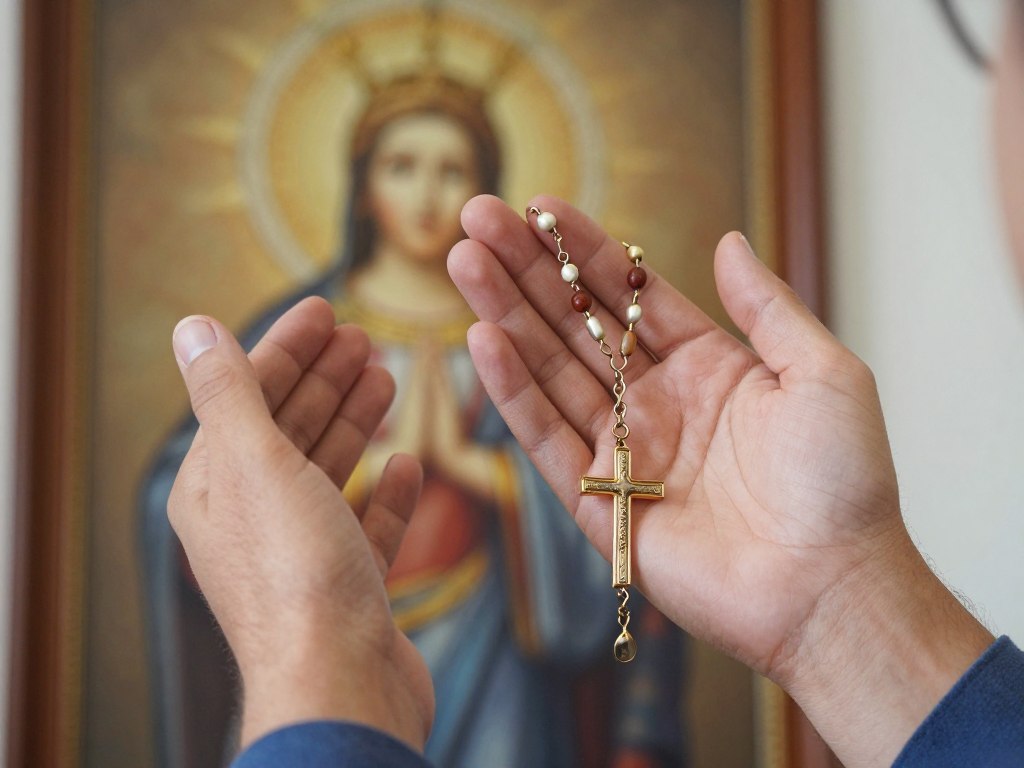 Osoba odmawiająca Koronkę do Miłosierdzia Bożego na różańcu, z widocznym obrazem Jezusa Miłosiernego w tle Osoba odmawiająca Koronkę do Miłosierdzia Bożego na różańcu, z widocznym obrazem Jezusa Miłosiernego w tle