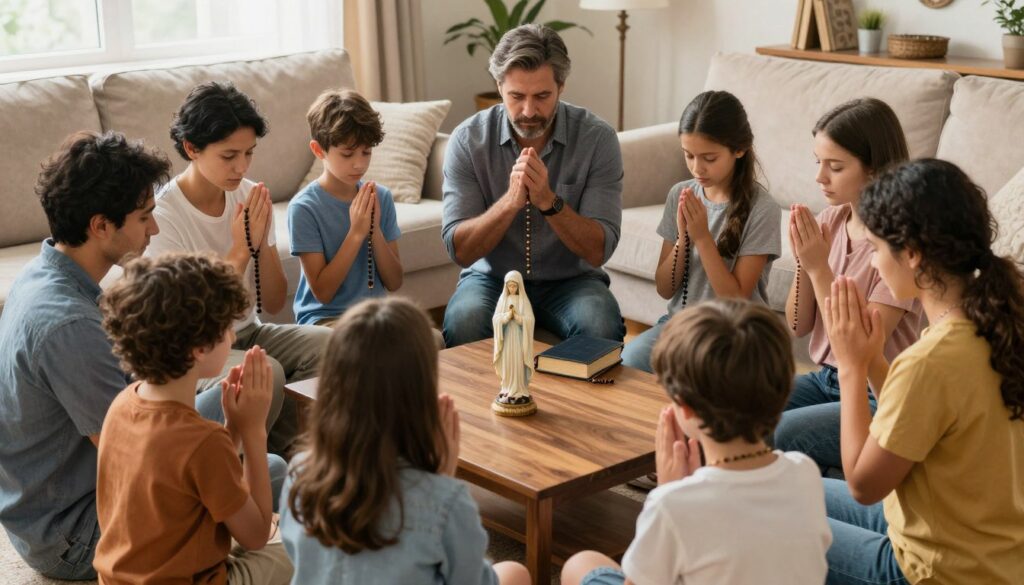 Rodzina modląca się wspólnie na różańcu, rozważając tajemnice radosne