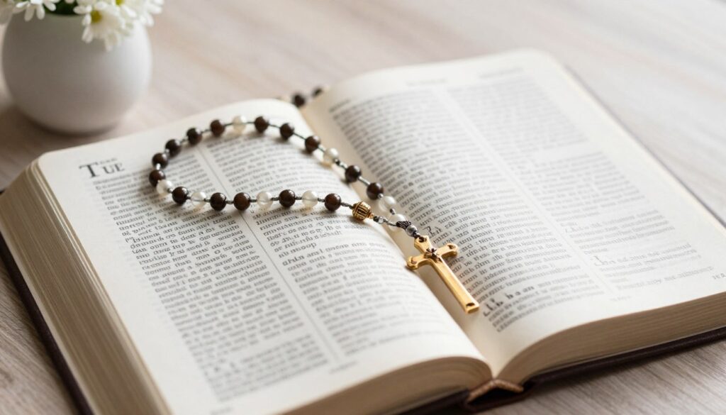Różaniec leżący na otwartej Biblii, symbolizujący modlitwę różańcową i rozważanie tajemnic radosnych