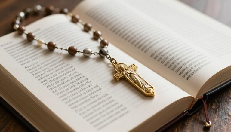 Różaniec z medalikiem Matki Bożej leżący na otwartej Biblii, symbolizujący tajemnice radosne