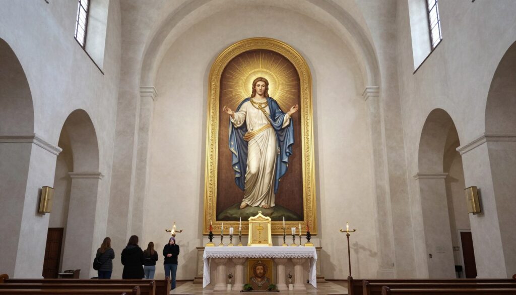 Sanktuarium Bożego Miłosierdzia w Krakowie-Łagiewnikach z widocznym obrazem Jezusa Miłosiernego i wiernymi Sanktuarium Bożego Miłosierdzia w Krakowie-Łagiewnikach z widocznym obrazem Jezusa Miłosiernego i wiernymi