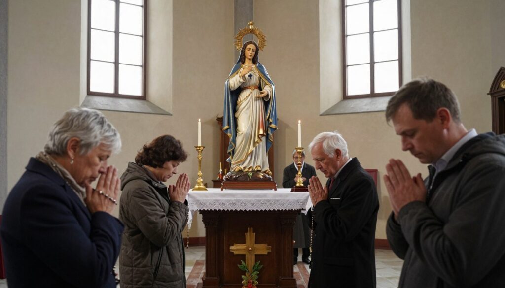 Wierni modlący się podczas Godziny Miłosierdzia o 15:00 przed obrazem Jezusa Miłosiernego Wierni modlący się podczas Godziny Miłosierdzia o 15:00 przed obrazem Jezusa Miłosiernego